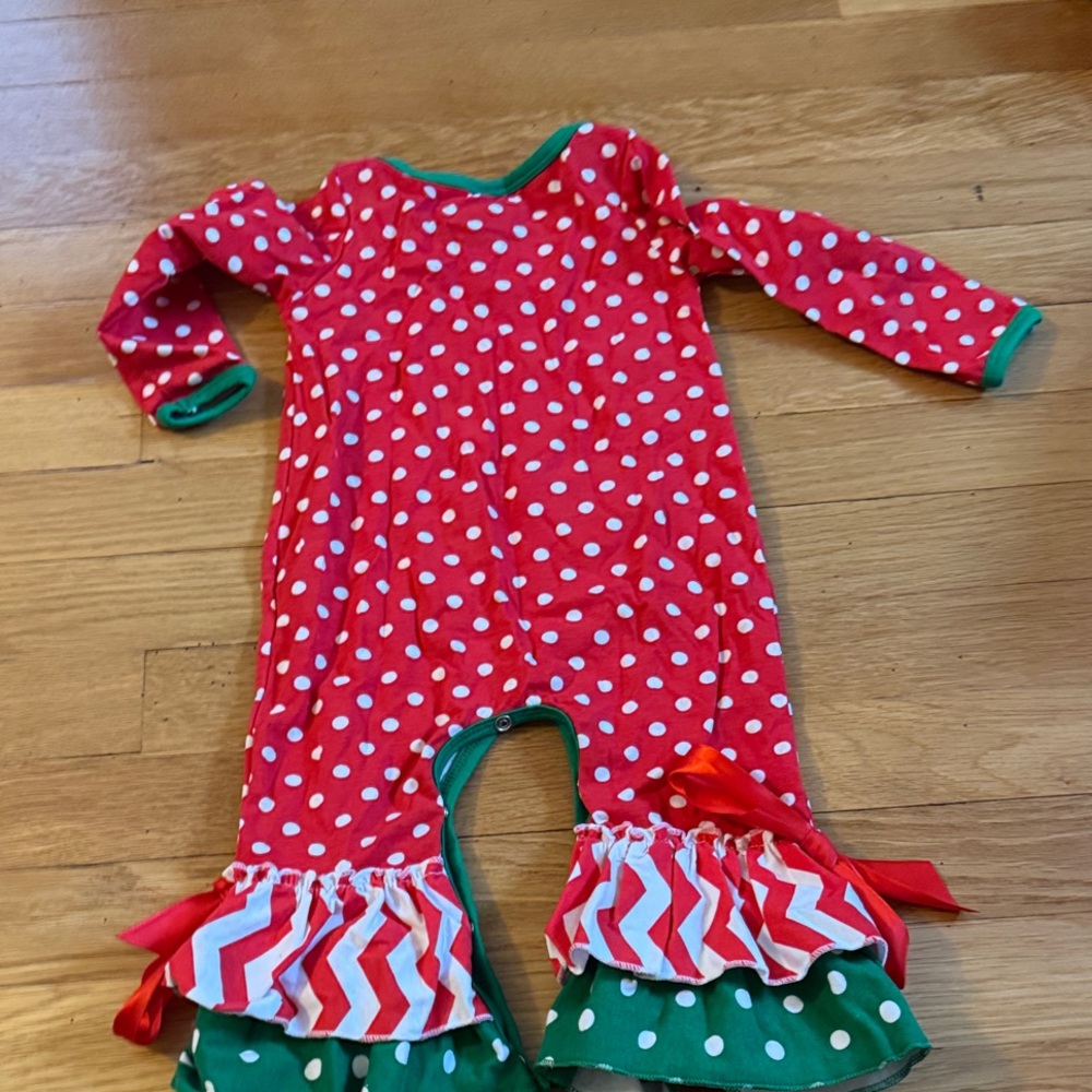 Christmas Red and Green Polka Dot Baby Bell Bottom Onesie - Picture 4 of 4